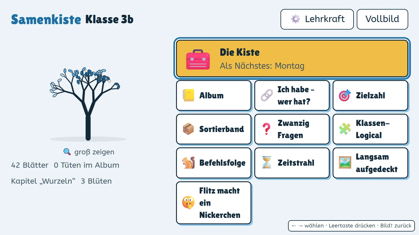 Startseite der Samenkiste: links der Klassenbaum mit Blättern, rechts die Kiste der Woche, das Album und neun Spiele als große Karten.